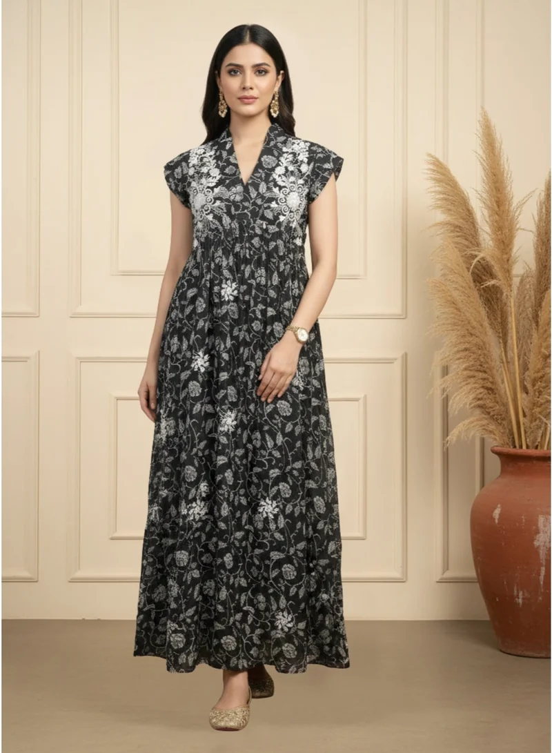 Alaya Women Printed Embroidered Cotton Jalabiya with Cap Sleeves-AL3697C